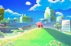 Rule 34 | blue sky, building, colored skin, fence, flower, grass, kirby, kirby (series), kirby and the forgotten land, nantan chu 0, nintendo, no humans, outdoors, pink skin, scenery, sky, skyscraper, solo, tree, wooden fence