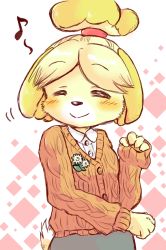 Rule 34 | 1girl, ^ ^, animal crossing, animal ears, animal nose, blonde hair, blush, body fur, buttons, cardigan, clenched hand, closed eyes, closed mouth, collared shirt, dog ears, dog girl, dog tail, female focus, flat chest, furry, furry female, gem (symbol), green skirt, hair tie, hand up, happy, isabelle (animal crossing), long sleeves, musical note, nintendo, noruu (retain), orange cardigan, parted bangs, shirt, short hair, simple background, sketch, skirt, smile, solo, spoken musical note, standing, tail, topknot, two-tone background, two-tone fur, upper body, white background, white fur, white shirt, yellow fur