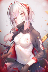 Rule 34 | 1girl, absurdres, ak-47, amaroku neko, arknights, assault rifle, black gloves, black jacket, black skirt, blood, blood on clothes, blood on face, breasts, commentary request, covered navel, fingerless gloves, gloves, grey hair, gun, highres, horns, injury, jacket, kalashnikov rifle, looking at viewer, miniskirt, multicolored clothes, multicolored jacket, open clothes, open jacket, red jacket, red skirt, rifle, shirt, short hair, skirt, smile, solo, torn clothes, torn jacket, two-sided fabric, two-sided jacket, two-tone jacket, two-tone skirt, w (arknights), weapon, white hair