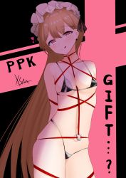 Rule 34 | 1girl, :p, absurdres, bare shoulders, bikini, blush, bound, breasts, brown eyes, collarbone, cross, cross earrings, earrings, frilled hairband, frills, girls&#039; frontline, hairband, highres, jewelry, light brown hair, long hair, medium breasts, micro bikini, navel, ppk (girls&#039; frontline), restrained, ribbon, ribbon bondage, shade, skindentation, smile, solo, swimsuit, tongue, tongue out, very long hair, xue shiming