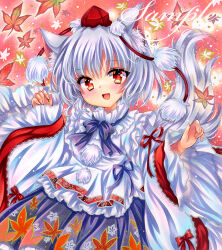 Rule 34 | 1girl, animal ears, embellished costume, fang, frilled shirt, frills, hands up, hat, inubashiri momiji, leaf, leaf print, long sleeves, looking at viewer, maple leaf, maple leaf print, marker (medium), open mouth, pom pom (clothes), print skirt, red eyes, red hat, red ribbon, ribbon, rui (sugar3), sample watermark, shirt, skirt, smile, solo, tail, tokin hat, touhou, traditional media, upper body, watermark, white hair, white shirt, wide sleeves, wolf ears, wolf girl, wolf tail