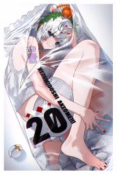 Rule 34 | 1girl, 2020, akeome, animal ears, aran shorts, aran sweater, bag, bare arms, bare legs, barefoot, blue eyes, border, cable knit, chinese zodiac, closed mouth, fingernails, food, from side, fruit, grey sweater, happy new year, highres, hoojiro, in bag, in container, looking at viewer, lying, mandarin orange, mouse ears, multicolored nails, nail polish, new year, on side, original, red nails, romaji text, shorts, sleeveless, sleeveless sweater, smile, solo, sweater, toenail polish, toenails, transparent bag, v, white border, white hair, white nails, year of the rat