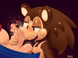 Rule 34 | 1boy, 1girl, animal crossing, animal ears, animal nose, apron, artist name, bare shoulders, black eyes, blue pants, blush, body fur, breath, bright pupils, brown fur, brown hair, clothes pull, cross-eyed, drooling, erection, fang, freckles, furry, furry female, furry with non-furry, half-closed eyes, hands up, happy, highres, interspecies, lilmoonie, long hair, nintendo, nose blush, open mouth, pants, pants pull, penis, penis awe, penis grab, penis out, pulling another&#039;s clothes, purple background, red shirt, sable able (animal crossing), saliva, shiny skin, shirt, signature, simple background, smile, snout, solo focus, steam, steaming body, sweat, teeth, testicles, tongue, two-tone fur, uneven eyes, upper body, villager (animal crossing), white apron, white pupils, yellow fur