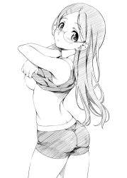 Rule 34 | 10s, 1girl, ass, bike shorts, blush, breasts, clothes lift, from behind, glasses, greyscale, hair ornament, hairclip, highres, jpeg artifacts, long hair, looking back, monochrome, nagayori, saitou kaede (yama no susume), shirt lift, sideboob, simple background, solo, tank top, underboob, undressing, white background, yama no susume