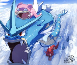 Rule 34 | above clouds, alternate color, closed eyes, cloud, commentary request, creatures (company), fangs, flying, game freak, gen 1 pokemon, gyarados, highres, nintendo, no humans, on head, open mouth, pokemon, pokemon (creature), pokemon on head, red eyes, riding, riding pokemon, shiny pokemon, signature, slowpoke, tatsumi (panneko), tongue