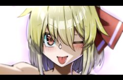 Rule 34 | 1girl, blonde hair, blush, close-up, hair between eyes, hair ribbon, highres, letterboxed, manekinekoppoi inu, one eye closed, portrait, red eyes, red ribbon, ribbon, rumia, short hair, solo, tongue, tongue out, touhou