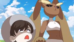 Rule 34 | 1boy, 1girl, :&lt;, animal nose, black sclera, blue sky, body fur, brown eyes, brown fur, brown hair, closed mouth, cloud, colored sclera, constricted pupils, creatures (company), crop top, day, eye contact, florian (pokemon), furry, furry female, game freak, gen 4 pokemon, grapeanime, grey headwear, half-closed eyes, hat, highres, looking at another, looking down, looking up, lopunny, midriff, navel, nintendo, open mouth, outdoors, pink eyes, pokemon, pokemon (creature), pokemon sv, shaded face, shirt, short hair, sky, sleeveless, sleeveless shirt, standing, stomach, surprised, two-tone fur, upper body, white shirt, yellow fur