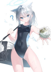 Rule 34 | ?, absurdres, animal, animal ear fluff, animal ears, bag, black one-piece swimsuit, blue archive, blue eyes, breasts, competition swimsuit, covered navel, cross hair ornament, extra ears, fish, grey hair, hair ornament, halo, highres, holding, holding animal, holding fish, looking at viewer, low ponytail, medium hair, mismatched pupils, multicolored clothes, multicolored swimsuit, official alternate costume, one-piece swimsuit, puffer fish, shiroko (blue archive), shiroko (swimsuit) (blue archive), simple background, small breasts, swimsuit, user inubouzakiitsuki, white background, wolf ears