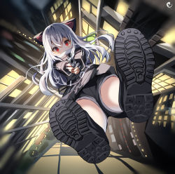 Rule 34 | 1girl, aiming, aiming at viewer, animal ears, black gloves, blue pupils, building, covered mouth, crying, falling, fingerless gloves, foot focus, foreshortening, gloves, grey hair, gun, hair between eyes, highres, holding, holding gun, holding weapon, lazbee, long hair, original, outdoors, pointing weapon, red eyes, short eyebrows, slit pupils, solo, tears, thick eyebrows, tree, two-handed, weapon