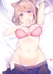 Rule 34 | 1girl, animal ears, arm up, bed sheet, blush, bow, bow bra, bra, breasts, brown hair, brown skirt, chikuwa., clothes pull, commentary request, fang, groin, hair between eyes, head tilt, highres, large breasts, looking at viewer, lying, navel, on back, open clothes, open mouth, open skirt, original, panties, pillow, pink bra, pleated skirt, red eyes, side-tie panties, skirt, skirt pull, solo, stomach, underwear, white panties