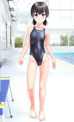 Rule 34 | 1girl, absurdres, barefoot, bench, black hair, black one-piece swimsuit, breasts, clothes writing, commentary request, competition swimsuit, full body, gluteal fold, green eyes, highres, indoors, looking at viewer, low twintails, one-piece swimsuit, original, pool, short hair, small breasts, solo, standing, string of flags, swimsuit, takafumi, twintails