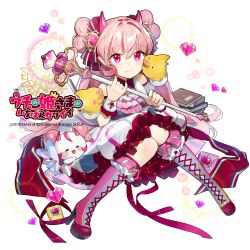 Rule 34 | 1girl, bird, book, book stack, boots, bow, copyright name, cross-laced footwear, double bun, frills, hair bow, hair bun, hair ornament, heart hair bun, holding, holding wand, horns, knee boots, knees together feet apart, long hair, looking at viewer, official art, pink eyes, pink hair, sidelocks, skirt, solo, sukja, uchi no hime-sama ga ichiban kawaii, wand, waterark, white background, wrist cuffs