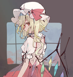 Rule 34 | 1girl, blonde hair, commentary request, crystal, dress, flandre scarlet, grey background, hat, long hair, looking at viewer, mob cap, mozukuzu (manukedori), one side up, red dress, red eyes, red ribbon, ribbon, shirt, short sleeves, solo, touhou, upper body, white hat, white shirt, wings
