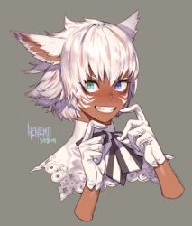 Rule 34 | 1boy, animal ears, warrior of light (ff14), blue eyes, cat ears, final fantasy, final fantasy xiv, gloves, green eyes, grey background, grin, hands up, heterochromia, looking at viewer, male focus, miqo&#039;te, pigeon666, portrait, signature, simple background, slit pupils, smile, solo, white gloves, white hair