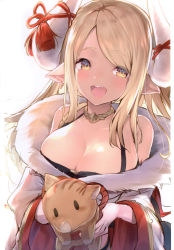 Rule 34 | 1girl, absurdres, animal, bare shoulders, blush, boar, breasts, cleavage, collar, collarbone, dark-skinned female, dark skin, draph, granblue fantasy, highres, holding, horns, japanese clothes, kumbhira (granblue fantasy), large breasts, lips, long hair, looking at viewer, open mouth, pointy ears, scan, shiny skin, simple background, smile, solo, teeth, topia, upper body, upper teeth only, white background, wide sleeves