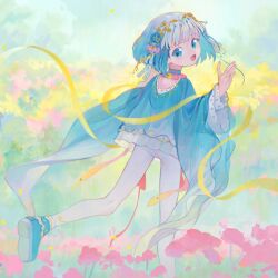 Rule 34 | 1girl, :d, abstract background, blue choker, blue eyes, blue footwear, blue hair, blue shirt, choker, field, flower, flower field, frilled shirt, frills, from behind, gradient hair, hair flower, hair ornament, highres, kaede (shijie heping), layered shirt, long sleeves, looking back, multicolored hair, open mouth, original, pantyhose, ribbon, shirt, short hair, smile, solo, standing, standing on one leg, turning head, white hair, white pantyhose, wide sleeves, yellow ribbon