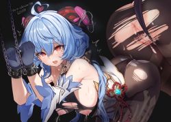 Rule 34 | 1girl, ahoge, anus, ass, bad id, bad pixiv id, bent over, black background, black gloves, blue hair, blush, bound, bound wrists, breasts, censored, chain, commission, crying, crying with eyes open, egg vibrator, ganyu (genshin impact), genshin impact, gloves, goat horns, goyain, hair between eyes, heart, heart-shaped pupils, highres, horns, lactation, large breasts, long hair, looking at viewer, multiple views, nipples, open mouth, pixiv commission, pussy juice, restrained, sex toy, simple background, solo, symbol-shaped pupils, tears, tongue, tongue out, torn clothes, vibrator