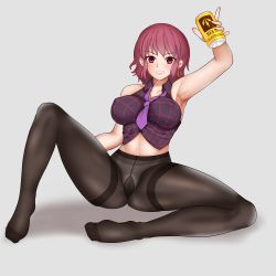 Rule 34 | 1girl, alcohol, armpits, beer, beer can, breasts, can, collarbone, covered erect nipples, drink can, earrings, grey shirt, highres, horikawa raiko, jewelry, large breasts, necktie, panties, panties under pantyhose, pantyhose, plaid, plaid shirt, puck100ml, purple necktie, red eyes, red hair, shirt, short hair, simple background, sleeveless, smile, solo, thick thighs, thighs, touhou, underwear, white background