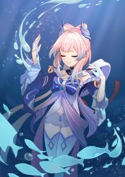 Rule 34 | 1girl, absurdres, bow, bowtie, closed eyes, fish, frilled sleeves, frills, genshin impact, gloves, hair ornament, hand up, highres, jiao cat, pink hair, sangonomiya kokomi, short shorts, shorts, smile, solo, thighhighs, underwater, white gloves, white thighhighs, wide sleeves