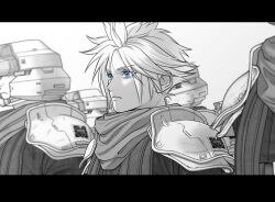 Rule 34 | armor, blue eyes, closed mouth, cloud strife, earrings, final fantasy, final fantasy vii, final fantasy vii rebirth, final fantasy vii remake, helmet, jewelry, ko102k1, monochrome, multiple boys, parted bangs, scarf, shinra infantry uniform, short hair, shoulder armor, single earring, solo focus, spiked hair, spot color, standing at attention, suspenders, upper body, white background