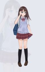 Rule 34 | 1girl, arm up, bad id, bad pixiv id, bag, biako, black socks, blue eyes, blush, brown footwear, brown hair, closed mouth, collared shirt, commentary request, grey background, highres, kneehighs, loafers, long hair, original, plaid, plaid skirt, pleated skirt, red skirt, school bag, school uniform, shirt, shoes, short sleeves, simple background, skirt, skirt hold, smile, socks, solo, standing, sweater vest, white shirt, zoom layer