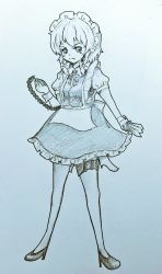 Rule 34 | &gt;:(, 1girl, apron, bad id, bad twitter id, between fingers, braid, dress, frown, greyscale, high heels, holding, holding knife, izayoi sakuya, knife, knives between fingers, looking at viewer, maid, maid headdress, monochrome, natsune ilasuto, one-hour drawing challenge, solo, stopwatch, thigh strap, touhou, traditional media, twin braids, v-shaped eyebrows, waist apron, watch