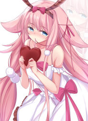 Rule 34 | 1girl, armpit crease, bare shoulders, blue eyes, blush, bow, bow hairband, brown hairband, calope (sennen sensou aigis), candy, chocolate, chocolate heart, collarbone, commentary, dress, dress bow, fake horns, food, frilled dress, frills, hair flaps, hair ornament, hair ribbon, hair scrunchie, hairband, heart, highres, holding, holding chocolate, holding food, horns, leaning forward, long hair, looking at viewer, low twintails, mouth hold, nose blush, pink bow, pink hair, pink ribbon, ribbon, ribbon in mouth, scrunchie, sennen sensou aigis, sidelocks, solo, spaghetti strap, standing, twintails, very long hair, white background, white dress, white scrunchie, yasagure2828