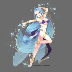 Rule 34 | 1girl, anklet, armband, bad id, bad pixiv id, barefoot, blue hair, bracelet, crystal, dancer, feet, gyakushuu no fantasica, ice, jewelry, legs, long hair, low-tied long hair, millgua, navel, necklace, official art, purple eyes, ring, smile, solo, tattoo, toe ring, very long hair