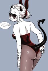 1girl, adjusting clothes, alternate costume, ass, bare shoulders, black horns, black tail, blind, breasts, demon girl, demon horns, demon tail, detached collar, from side, frown, helltaker, horns, justice (helltaker), leotard, looking over eyewear, looking over glasses, medium breasts, pantyhose, playboy bunny, red leotard, shoulder blades, sketch, solo, sunglasses, tail, thighs, thought bubble, tinted eyewear, wg., white hair, wrist cuffs