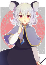 Rule 34 | 1girl, :o, animal ears, aoi (annbi), black dress, blush, capelet, cowboy shot, dress, grey capelet, highres, holding, jewelry, long sleeves, mouse ears, mouse girl, multicolored background, nazrin, necklace, open mouth, pendant, red eyes, short hair, silver hair, solo, touhou