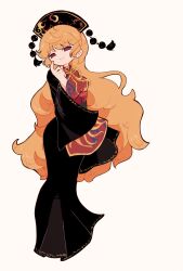 1girl absurdres belt black_belt black_dress black_hat chinese_clothes closed_mouth crescent crescent_print dress fingernails full_body hand_up hat highres junko_(touhou) long_hair long_sleeves looking_at_viewer mandarin_collar meonjiuikkum neck_ribbon orange_hair orange_ribbon phoenix_crown phoenix_print pom_pom_(clothes) red_eyes red_tabard ribbon simple_background smile smug solo standing tabard tassel touhou wavy_hair white_background wide_sleeves