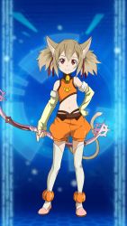 Rule 34 | animal ears, bandai namco, bell, blue background, boots, bow (weapon), breasts, brown hair, cat ears, child, choker, collar, fingerless gloves, gloves, medium hair, official art, orange shorts, pink footwear, pointy ears, red eyes, red ribbons, ribbon, shorts, silica, small breasts, smile, sword art online, sword art online: memory defrag, tagme, tail, tank top, thighhighs, weapon, white legwear