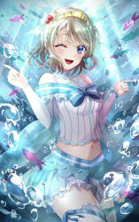 Rule 34 | 1girl, blue eyes, bracelet, breasts, bubble, cleavage cutout, clothing cutout, commentary request, detached sleeves, earrings, fish, grey hair, highres, jewelry, kebaboishii, koi ni naritai aquarium, love live!, love live! sunshine!!, midriff, miniskirt, navel, one eye closed, sidelocks, skirt, small breasts, thighhighs, underwater, watanabe you, white thighhighs