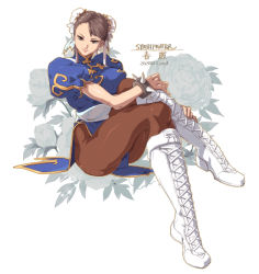 Rule 34 | 1girl, blue dress, boots, bracelet, brown eyes, brown hair, brown pantyhose, bun cover, capcom, china dress, chinese clothes, chun-li, closed mouth, commentary request, cross-laced footwear, double bun, dress, earrings, hair bun, jewelry, lace-up boots, osanpogakari, pantyhose, parted bangs, pelvic curtain, puffy short sleeves, puffy sleeves, sash, short sleeves, side slit, sitting, solo, spiked bracelet, spikes, street fighter, thick thighs, thighs, white background, white footwear