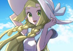 Rule 34 | 1girl, adjusting clothes, adjusting headwear, arm up, blonde hair, blue background, blue sky, braid, breasts, cloud, creatures (company), day, female focus, game freak, green eyes, hand up, hat, lillie (pokemon), long hair, miu (miuuu 721), nintendo, open mouth, outdoors, pokemon, pokemon sm, sky, sleeveless, small breasts, smile, solo, sun hat, twin braids, upper body, white hat