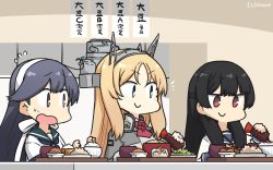 Rule 34 | 3girls, ahoge, black hair, blonde hair, blue eyes, blue sailor collar, bottle, bowl, breasts, brown eyes, commentary request, dated, flower, gloves, hair ribbon, hairband, hamu koutarou, headgear, highres, isokaze (kancolle), kantai collection, large breasts, long hair, long sleeves, military, military uniform, multiple girls, nelson (kancolle), one-hour drawing challenge, red eyes, red flower, red rose, ribbon, rose, sailor collar, school uniform, serafuku, smile, soy sauce, translation request, tress ribbon, uniform, upper body, ushio (kancolle), white gloves, white hairband