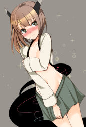 Rule 34 | 10s, 1girl, blush, brown eyes, brown hair, headgear, kantai collection, long sleeves, looking at viewer, partially undressed, personification, solo, sweatdrop, taihou (kancolle), takara akihito