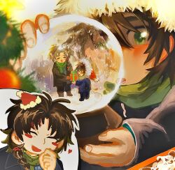 Rule 34 | 2boys, = =, black coat, black pants, blue jacket, blue shirt, braid, brown footwear, brown hair, chinese commentary, closed eyes, coat, commentary request, gift, green eyes, green scarf, harada minoru, hat, highres, holding, holding gift, holding snow globe, isoi reiji, jacket, long hair, long sleeves, lower teeth only, male focus, mini hat, mini santa hat, multiple boys, open clothes, open coat, open mouth, pants, red hat, saibou shinkyoku, santa hat, scarf, shirt, short hair, side braid, single braid, smile, snow globe, teeth, wuneigeshamingyoushadiaobingfanle