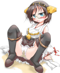 Rule 34 | 1girl, anbee (arary), arm support, bare shoulders, bdsm, black bow, black thighhighs, blue eyes, blush, bondage, boots, bound, bound legs, bow, breasts, brown footwear, brown hair, brown skirt, collarbone, detached sleeves, embarrassed, female focus, full body, glasses, green-framed eyewear, headgear, kantai collection, kirishima (kancolle), looking at viewer, medium breasts, nontraditional miko, open mouth, panties, pee stain, peeing, peeing self, puddle, ribbon-trimmed sleeves, ribbon trim, shoes, short hair, simple background, sitting, skirt, solo, spread legs, thigh boots, thighhighs, underwear, upskirt, wet, wet clothes, wet panties, white background, white panties