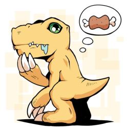 Rule 34 | agumon, claws, digimon, drooling, food, green eyes, meat, reptile