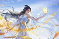 Rule 34 | 1girl, absurdres, bare shoulders, black hair, blue sky, bracelet, breasts, collar, dress, earrings, energy, hair ornament, hand up, highres, jewelry, long hair, lu xueqi (zhu xian), medium breasts, open hand, parted lips, sash, second-party source, sky, solo, teeth, upper body, white dress, xiao laba, zhu xian