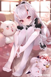Rule 34 | 1girl, alternate costume, animal, black bow, blush, bow, character pillow, colored inner hair, dress, enmaided, frilled dress, frills, fubuchun, hair bow, hair ribbon, hololive, horn ornament, horn ribbon, horns, indoors, interlocked fingers, knees to chest, leaning forward, long hair, looking at viewer, maid, mujinbensin, multicolored hair, nakiri ayame, no shoes, ponytail, poyoyo (nakiri ayame), red eyes, red hair, ribbon, see-through, see-through legwear, short sleeves, sitting, skin-covered horns, smile, solo, streaked hair, thighhighs, thighs, toes, virtual youtuber, white hair, white thighhighs, window