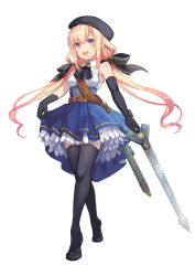 Rule 34 | 1girl, :d, assault lily, asymmetrical gloves, belt, beret, black footwear, black gloves, black thighhighs, blush, breasts, commentary request, elbow gloves, full body, gloves, hair ribbon, hat, holding, holding sword, holding weapon, loafers, long hair, looking at viewer, low twintails, medium breasts, mismatched gloves, open mouth, purple eyes, ribbon, sheath, shoes, simple background, single elbow glove, sleeveless, smile, solo, standing, sword, thighhighs, twintails, weapon, white background, yumekui