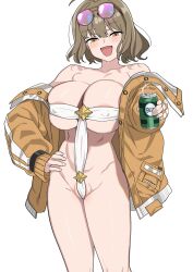Rule 34 | 1girl, :d, absurdres, ahoge, anis (nikke), anis (sparkling summer) (nikke), areola slip, bare shoulders, bikini, blush, breasts, brown eyes, brown hair, can, cleavage, eyepatch bikini, eyewear on head, goddess of victory: nikke, hand on own hip, highres, holding, holding can, jacket, jewelry, large breasts, necklace, off-shoulder jacket, off shoulder, official alternate costume, open mouth, orange jacket, partially visible vulva, pink-tinted eyewear, ramanda, short hair, simple background, smile, solo, sunglasses, swimsuit, tinted eyewear, white background, white bikini