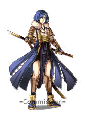 Rule 34 | 1girl, armor, blue eyes, blue hair, catria (fire emblem), fingerless gloves, fire emblem, fire emblem: mystery of the emblem, fire emblem: new mystery of the emblem, fire emblem: shadow dragon, fire emblem: shadow dragon and the blade of light, fire emblem awakening, full body, gloves, gzei, headband, holding, holding sword, holding weapon, japanese armor, looking at viewer, nintendo, sandals, sheath, simple background, solo, sword, watermark, weapon, white background