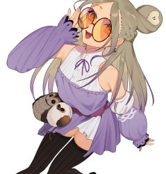 Rule 34 | 1girl, :d, adjusting eyewear, bare shoulders, beijuu, belt, black thighhighs, braid, brown hair, buttons, collared shirt, commentary request, detached sleeves, earrings, fingernails, glasses, jewelry, long hair, long sleeves, looking at viewer, open mouth, orange eyes, original, parted bangs, pouch, purple shirt, round eyewear, shirt, simple background, smile, solo, thighhighs, white background, zettai ryouiki