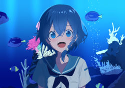 Rule 34 | 1girl, :d, air bubble, animal, black neckerchief, blue eyes, blue hair, blue sailor collar, bubble, commentary request, coral, derivative work, fish, hair between eyes, looking at viewer, misakino kukuru, neckerchief, open mouth, sailor collar, shell hair ornament, shiroi suna no aquatope, shirt, short sleeves, smile, solo, underwater, upper body, water, white shirt, yutsuki warabi