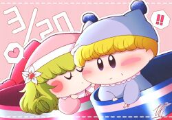 Rule 34 | !, !!, 1boy, 1girl, blonde hair, blue hair, blue pajamas, blush stickers, close-up, closed eyes, commentary request, cup, dated, flower, green hair, hair flower, hair ornament, hat, heart, in container, in cup, long hair, mini person, miniboy, minigirl, mirumo, mirumo de pon!, mug, nightcap, pajamas, pi no 0320, pink background, pink pajamas, rirumu (mirumo de pon!), signature, solid oval eyes, upper body