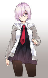 Rule 34 | 1girl, black-framed eyewear, black dress, black pantyhose, closed mouth, cropped legs, dress, fate/grand order, fate (series), glasses, gradient background, hand up, hood, hoodie, looking at viewer, mash kyrielight, nakayama miyuki, necktie, open clothes, open hoodie, pantyhose, purple eyes, purple hair, short dress, short hair, smile, solo
