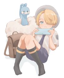 Rule 34 | 1boy, :&lt;, aged down, altaria, backpack, bag, black necktie, black socks, blonde hair, blue eyes, blush, child, commentary, creatures (company), curly eyebrows, expressionless, game console, game freak, gen 3 pokemon, hair over one eye, handheld game console, hat, highres, holding, holding handheld game console, kneehighs, lily-summer-0607, long bangs, lying, male focus, necktie, nintendo, on back, one piece, pokemon, pokemon sv, sanji (one piece), shirt, short hair, short sleeves, simple background, socks, white background, white headwear, white shirt